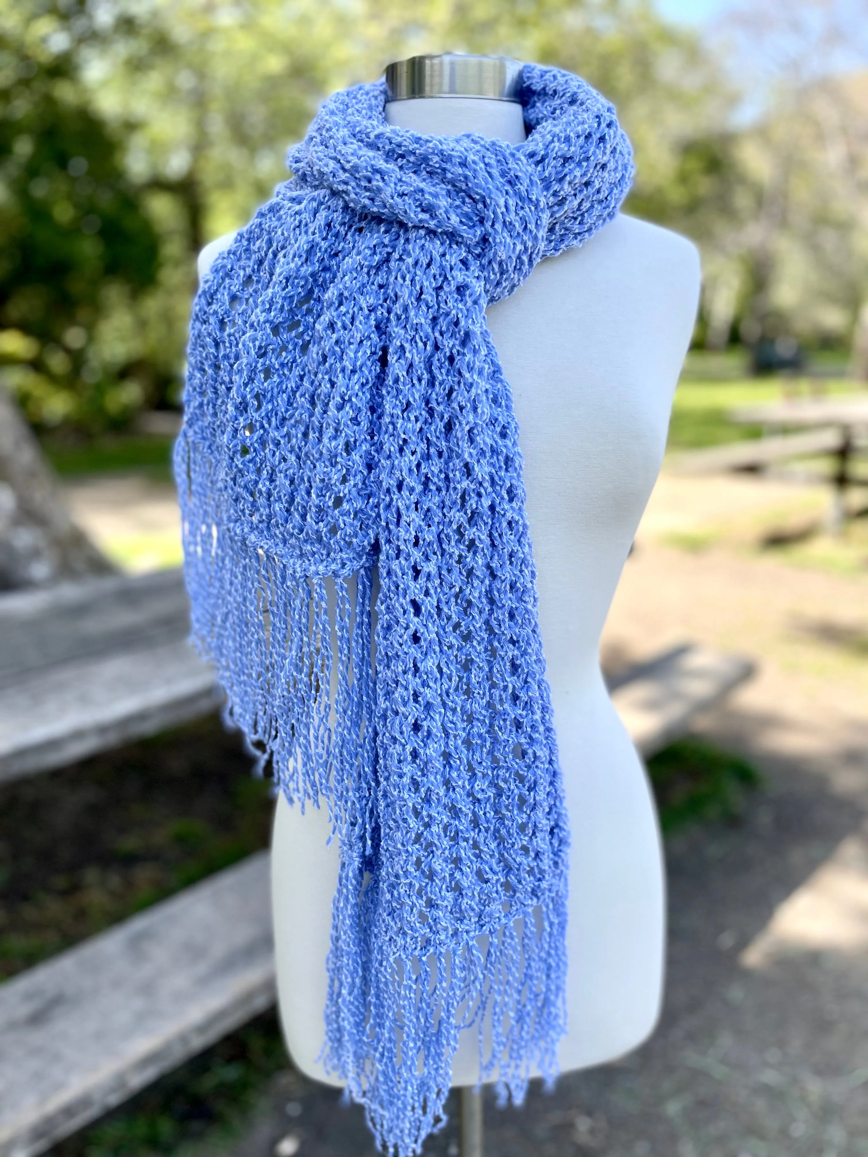 Blue Handmade Knitted Scarf for Women with fringe