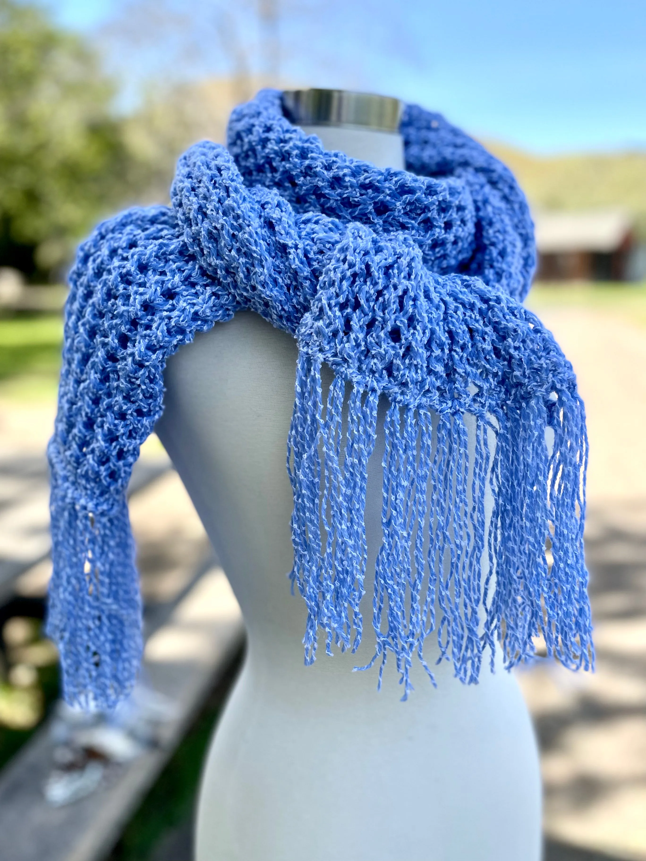 Blue Handmade Knitted Scarf for Women with fringe