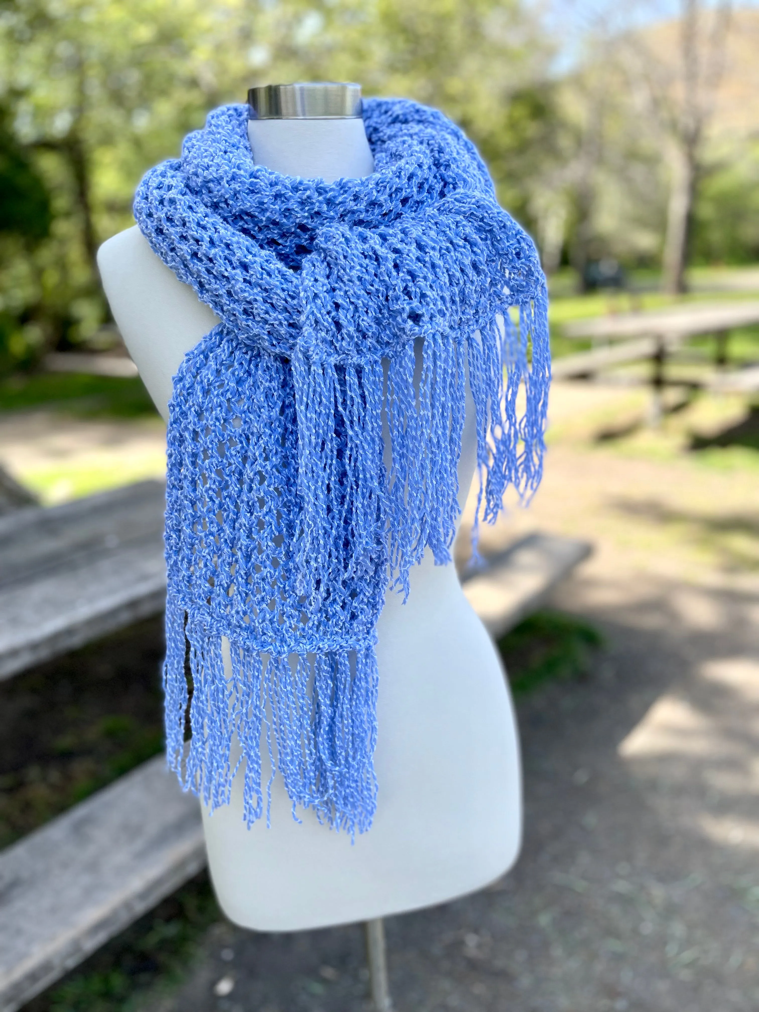 Blue Handmade Knitted Scarf for Women with fringe