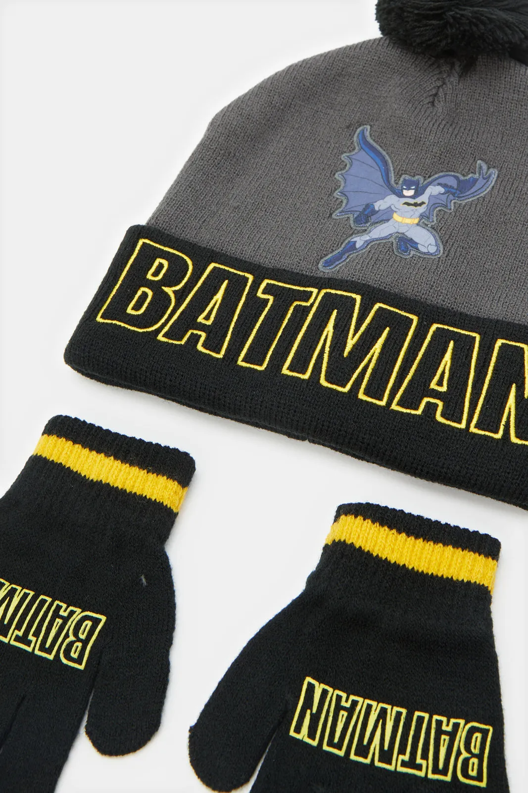 Boys Grey Batman Knitted Knitted Cap Set (3 Piece)