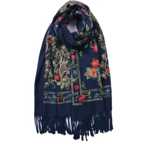 Cashmere Blend Embroidery Floral Pattern Scarf - Navy