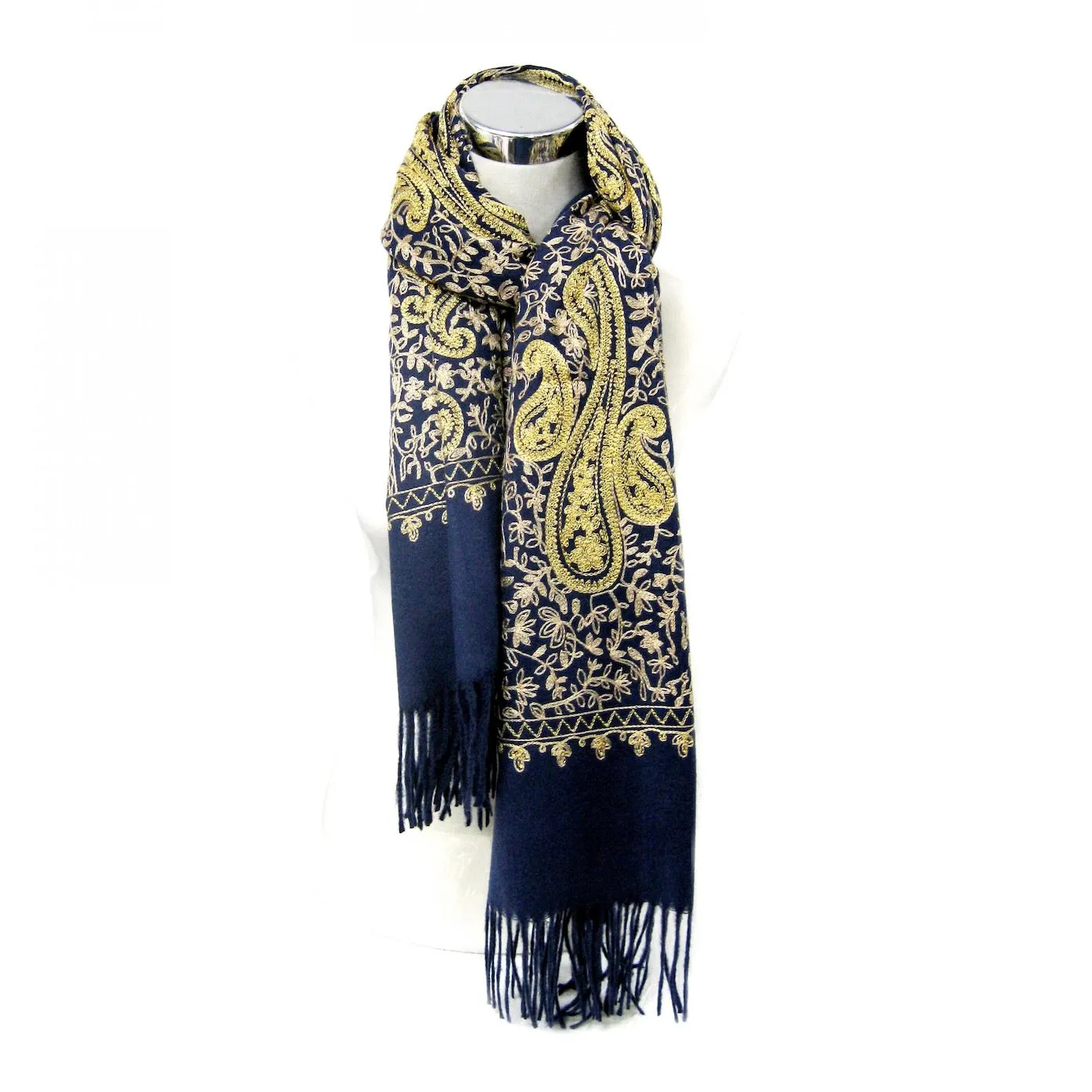 Cashmere Gold Embroidery Paisley Pattern Scarf - Navy