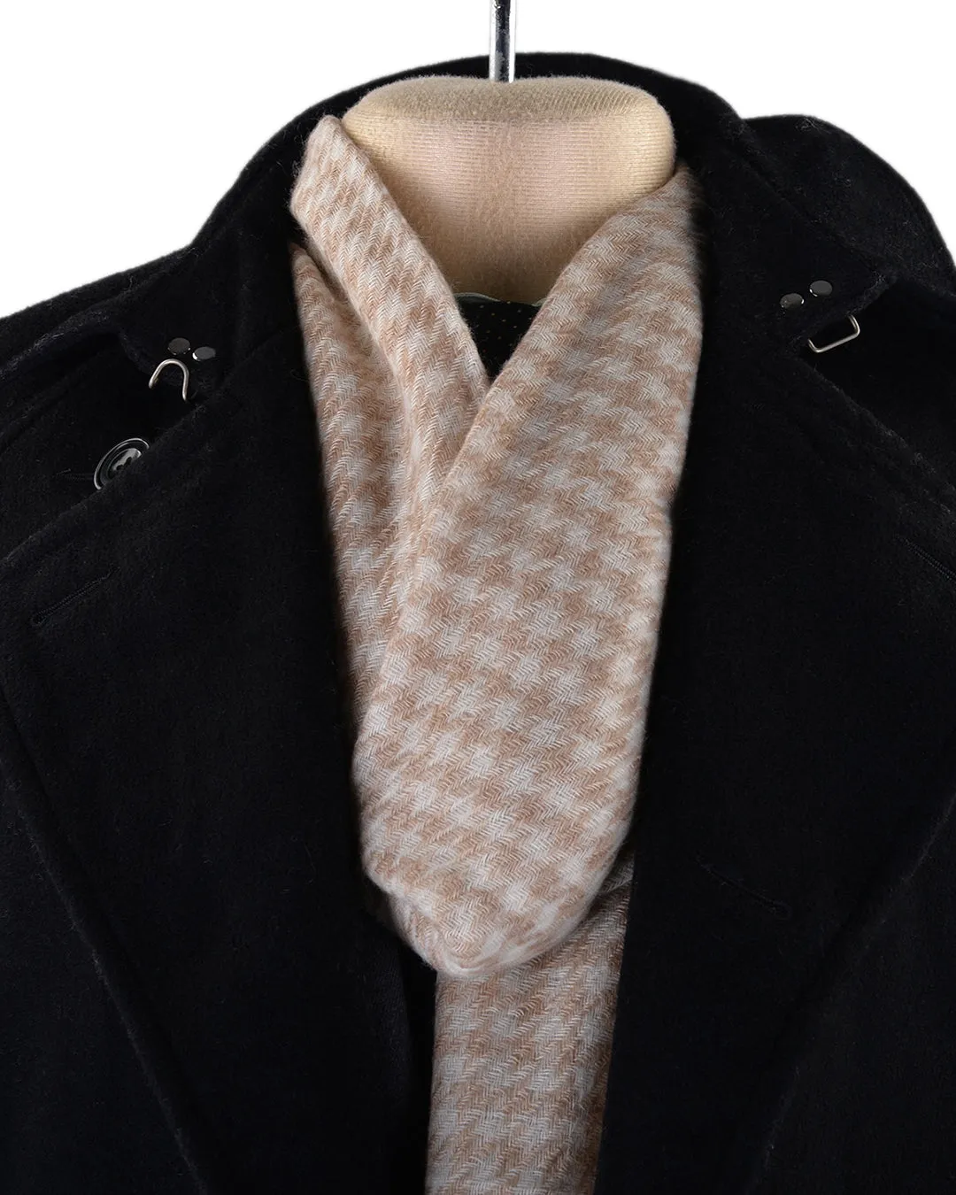 Cashmere Wool Scarf Tan Cream Checks Twill