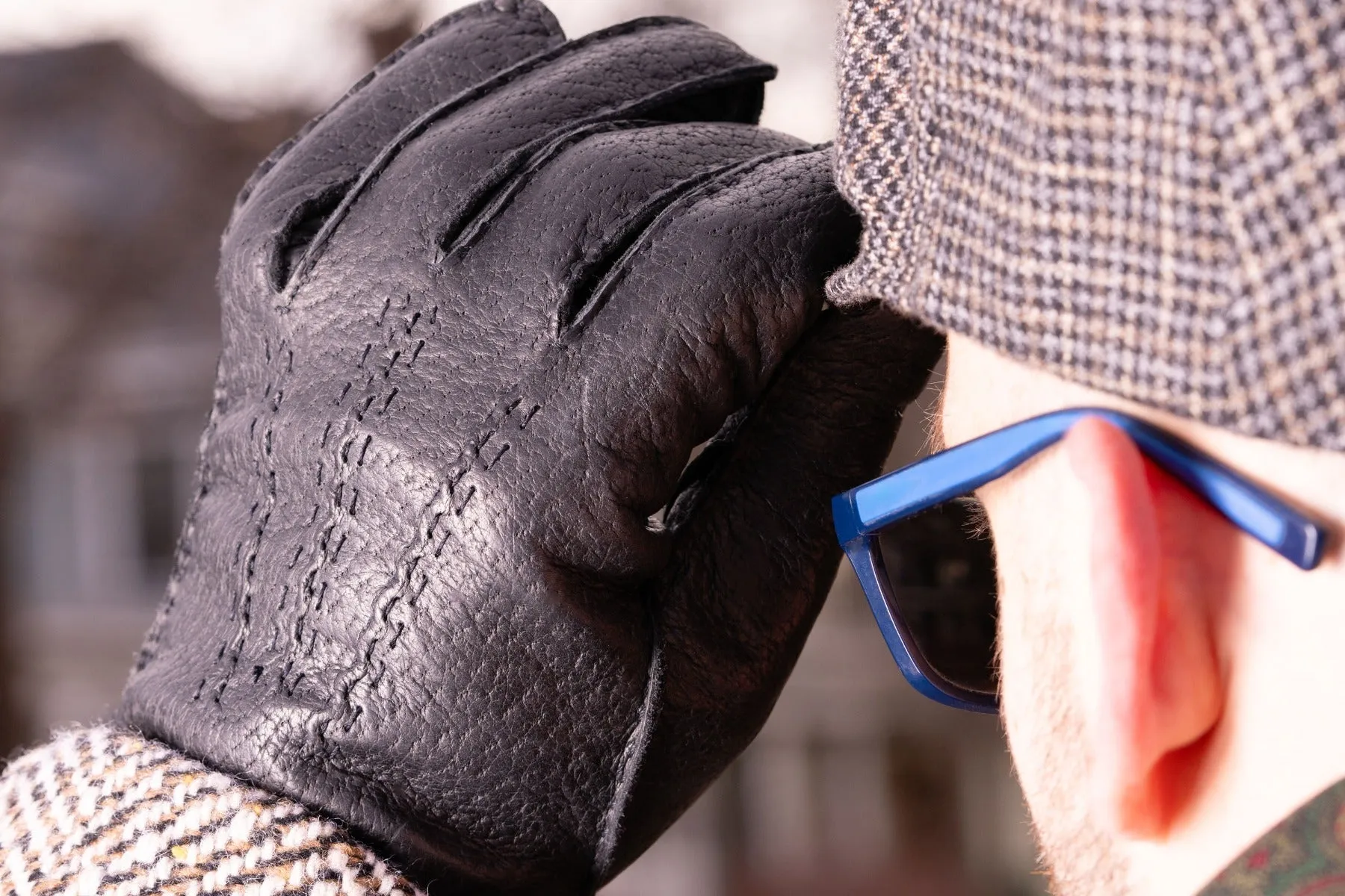 Charcoal Black Rabbit Fur Lined Peccary Gloves