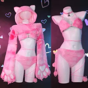 Cosplay Cartoon Kitty Cat Paw Plush Hooded Lingerie Set