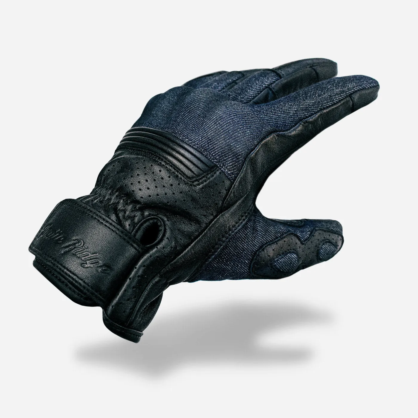 Denim On Black Motorcycle Gloves