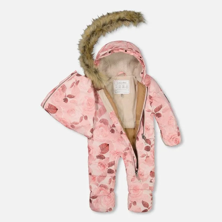 Deux Par Deux One-Piece Baby Snowsuit - Printed Tonal Rose