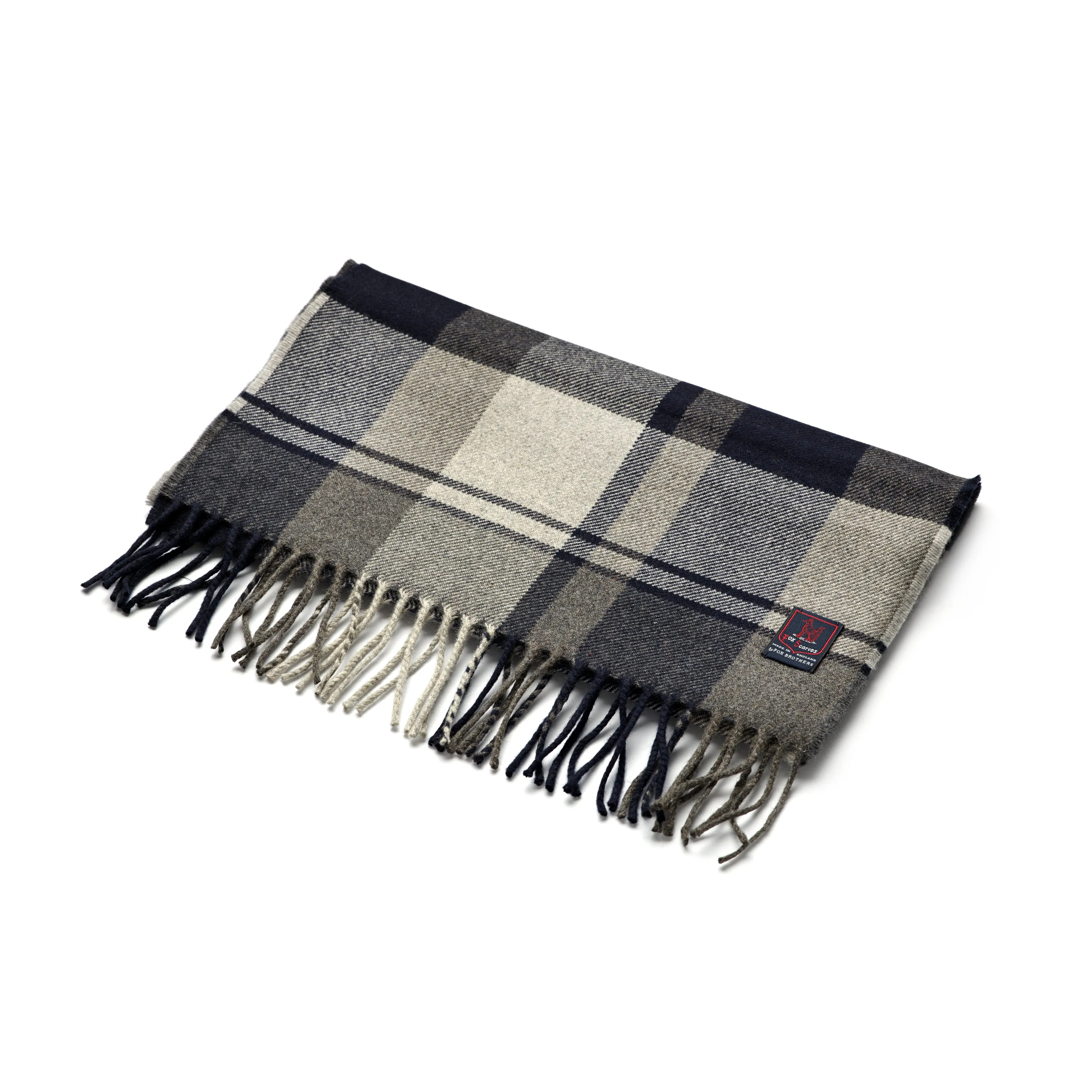 Fox Grey and Navy Check Cashmere & Merino Wool Scarf