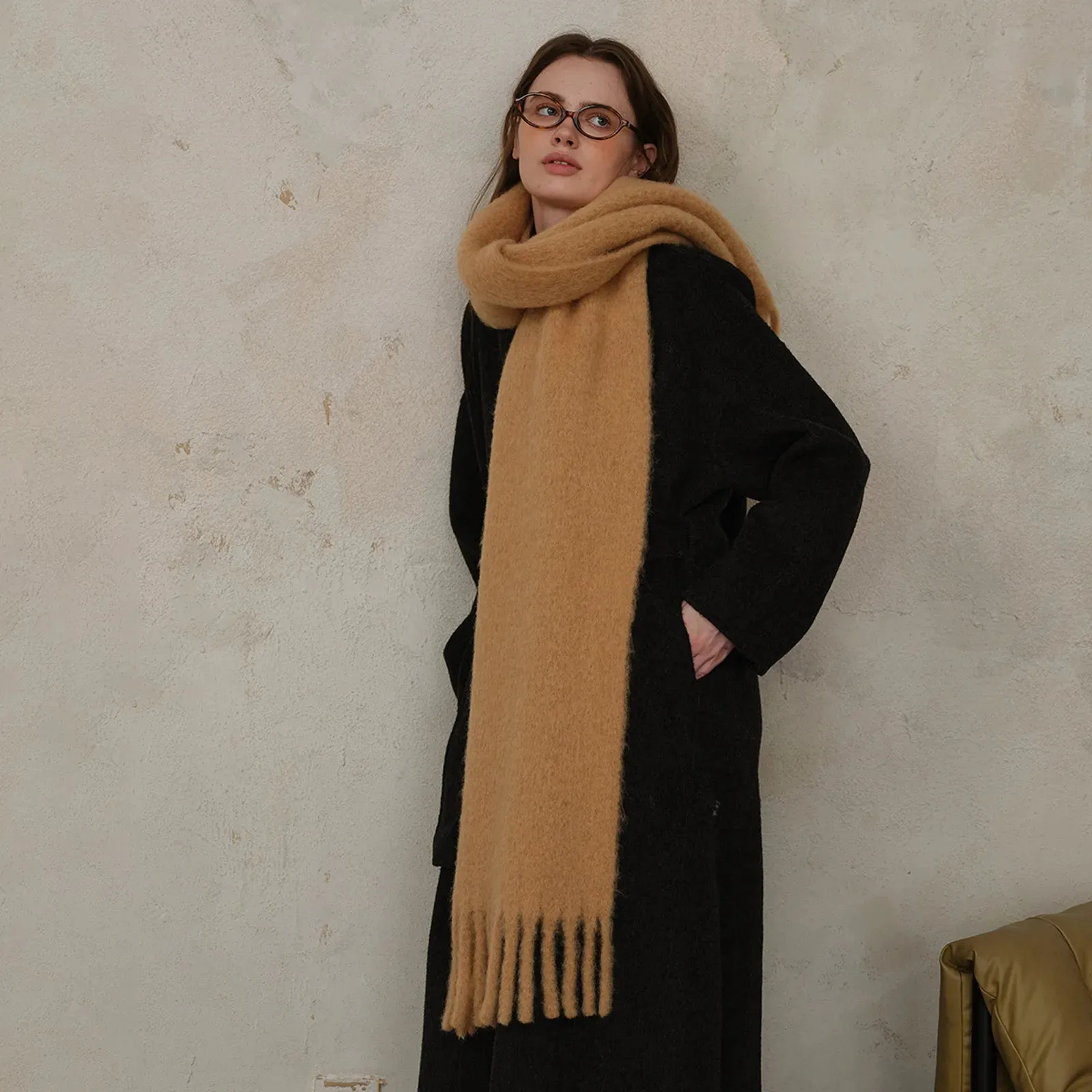 Homemade Classic Wool Blend Solid Tassel Women Winter Warm Thick Scarf