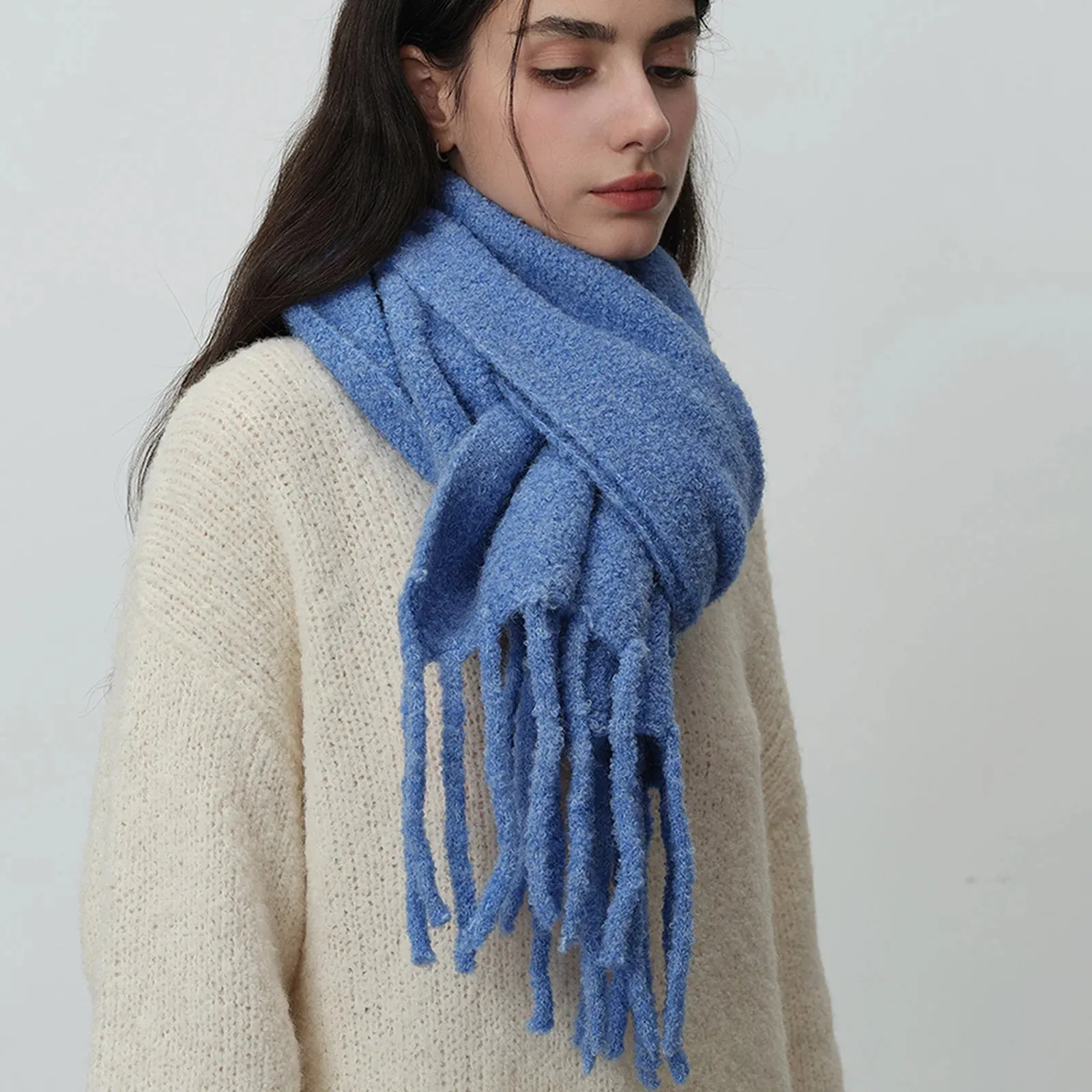 Homemade Glacier Blue Knitted Scarf Wool Tassels Solid Women Winter Scarf