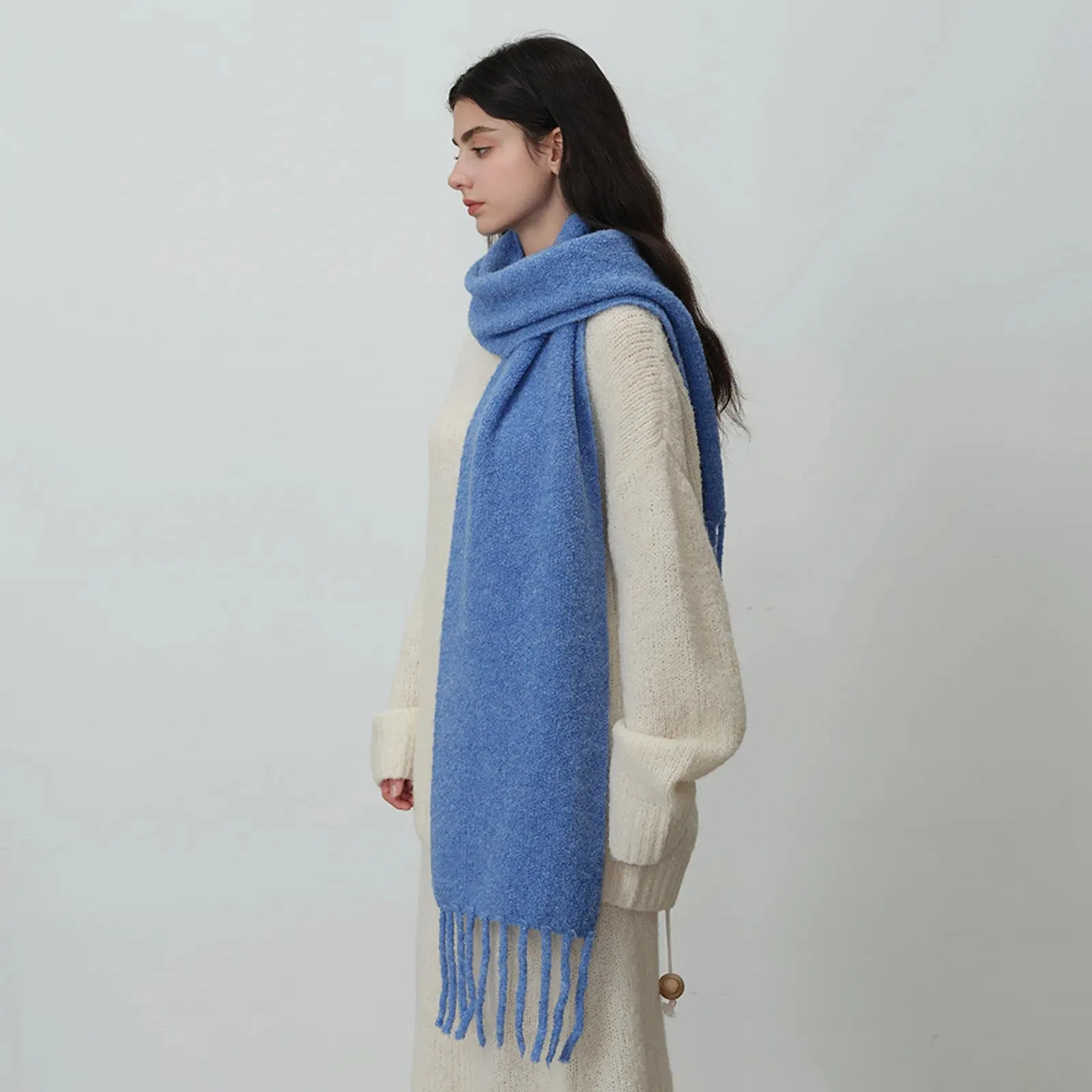 Homemade Glacier Blue Knitted Scarf Wool Tassels Solid Women Winter Scarf