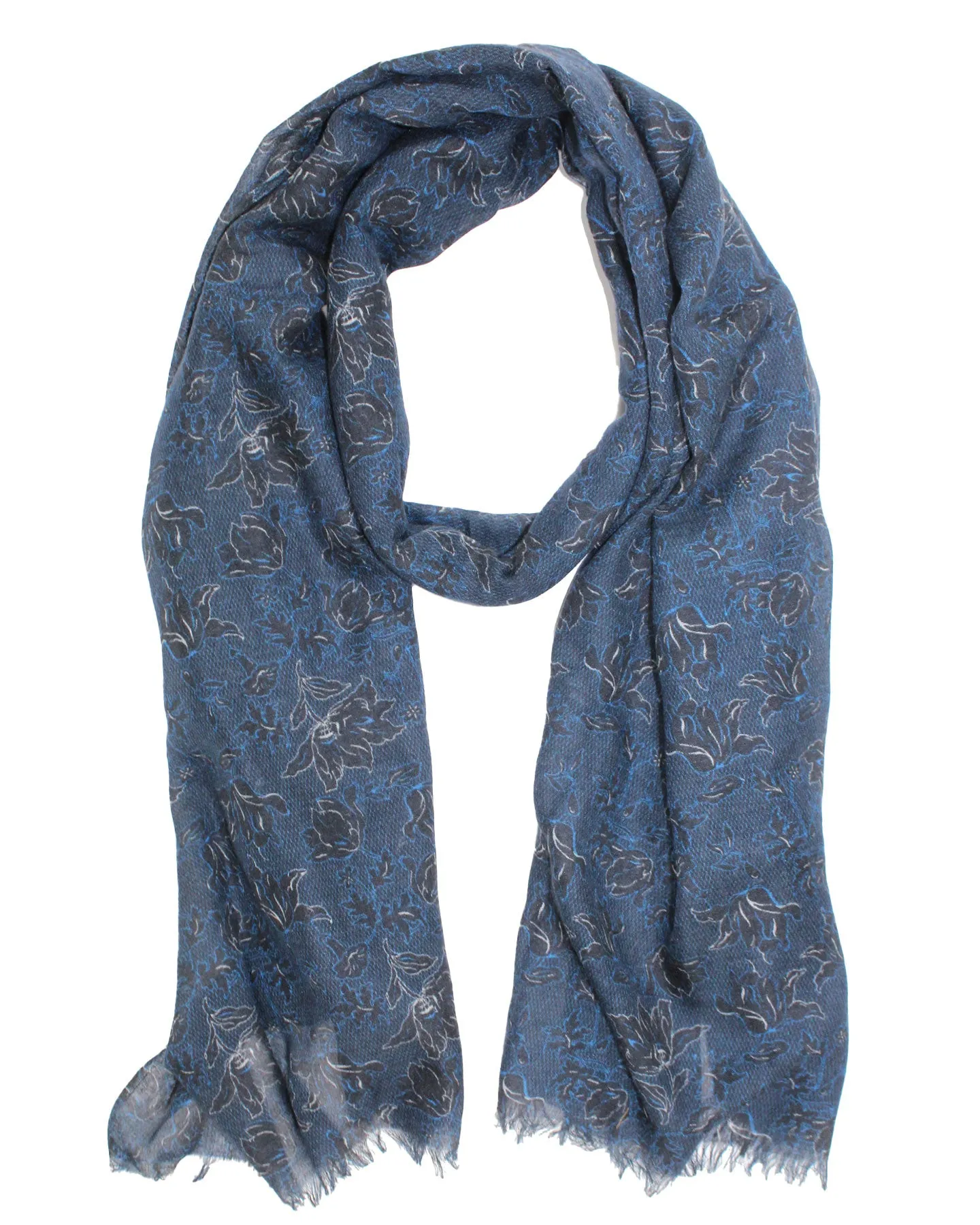 Kiton Scarf Black Royal Blue Floral Design - Luxury Cashmere Silk Shawl