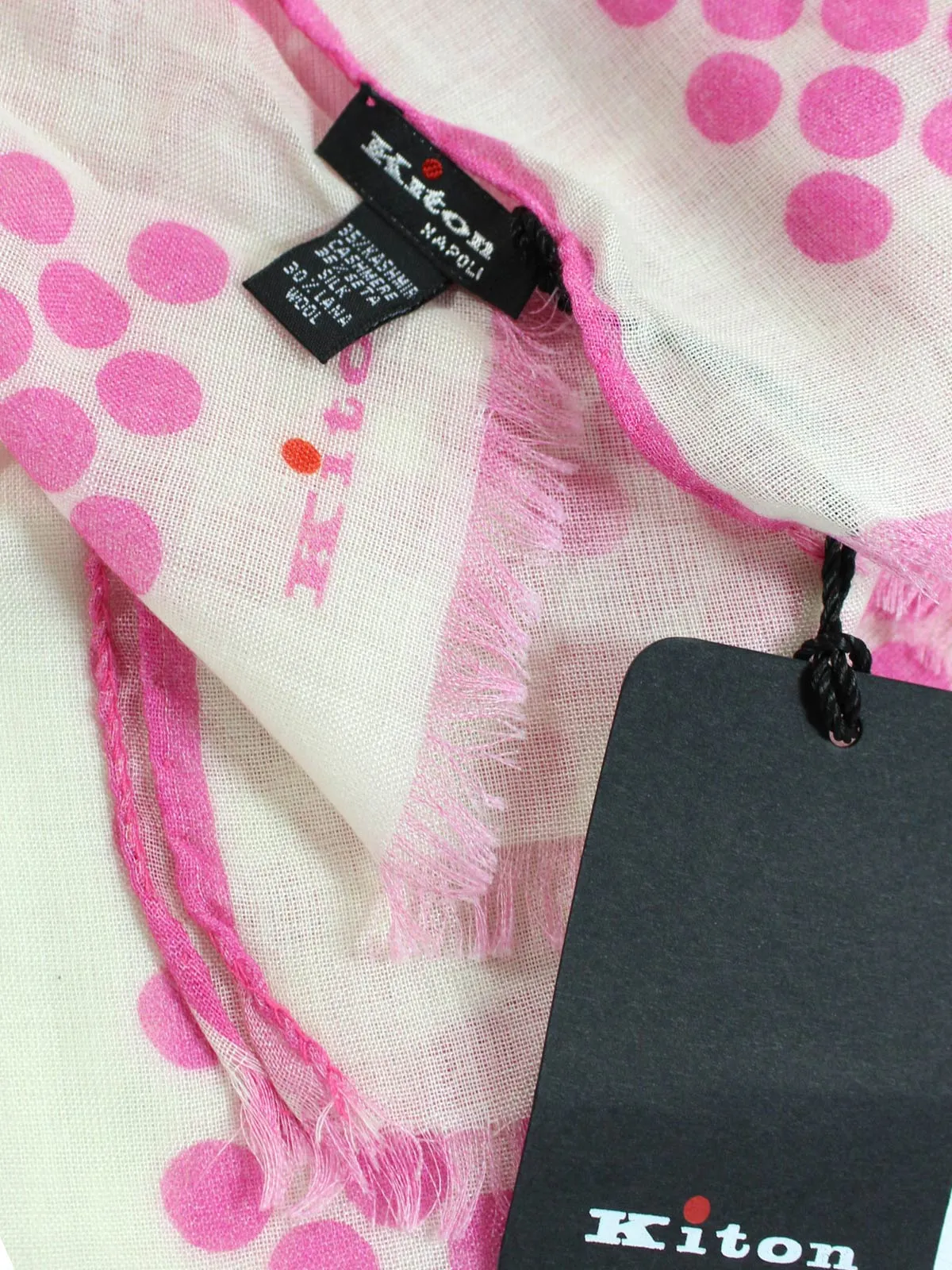 Kiton Scarf White Pink Polka Dots - Cashmere Silk Shawl BLACK FRIDAY SALE