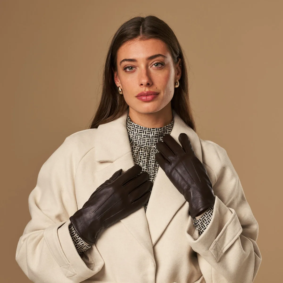 Lily (dark brown) - sheepskin leather gloves with warm fleece lining & touchscreen feature