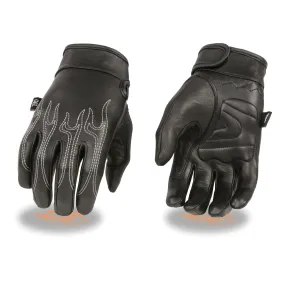 Milwaukee Leather SH820 Men's Black Leather ‘White Flame’ Cruising Hand Gloves W/ Gel Palm