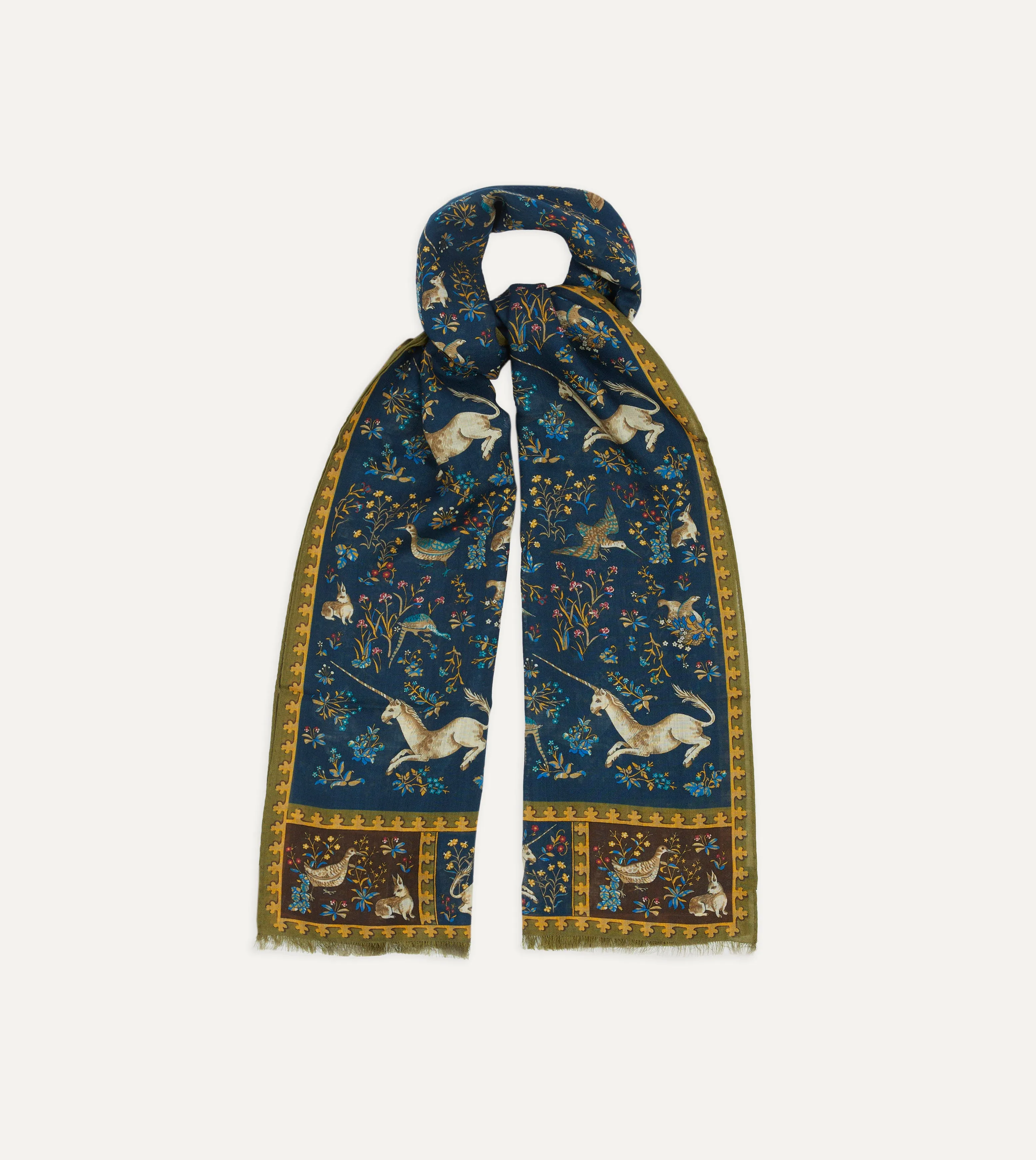 Navy Unicorn Print Wool-Silk Scarf