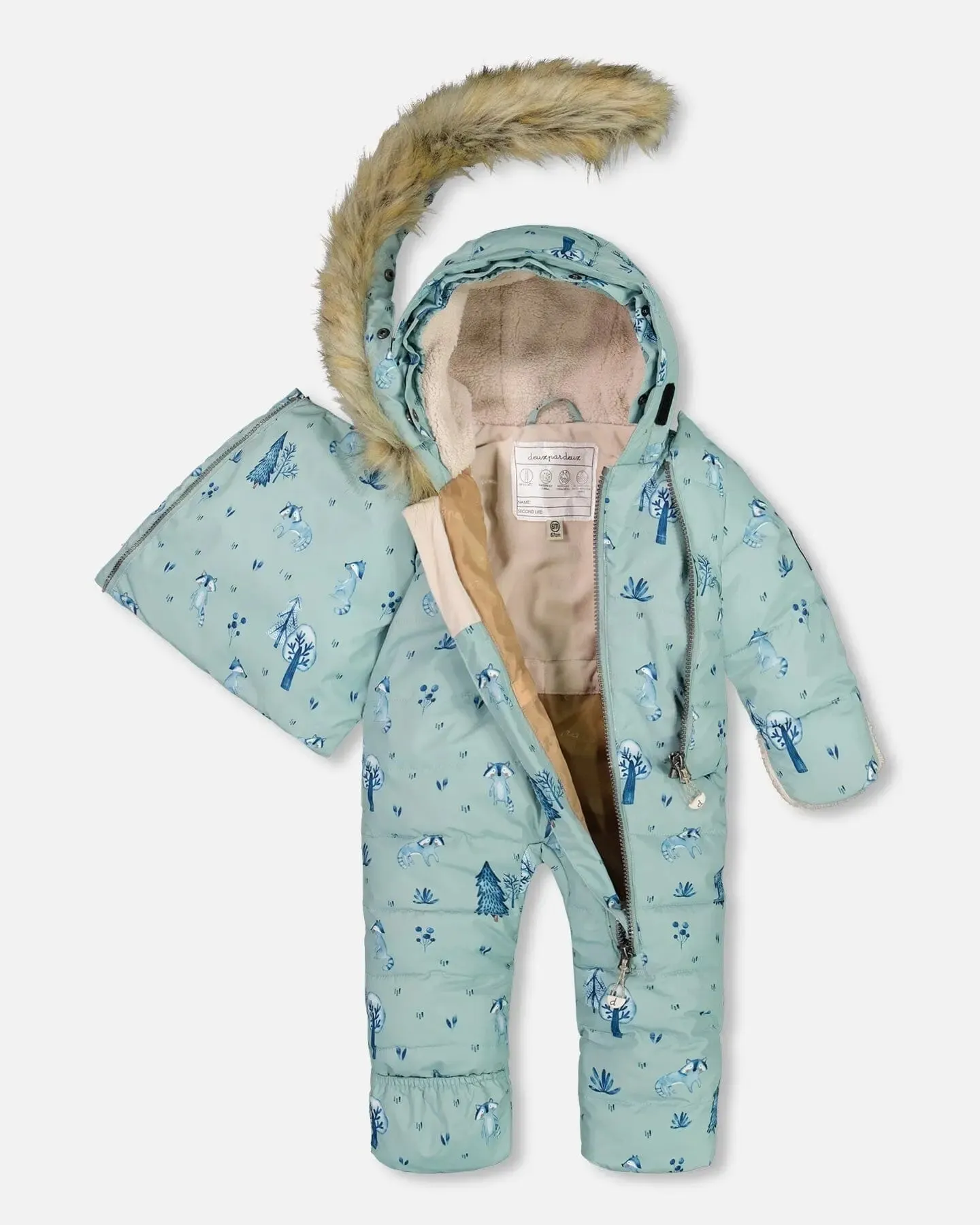 One Piece Baby Hooded Snowsuit Sage Printed Racoons Designed For Car Seat