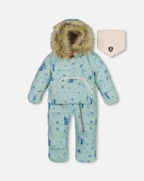 One Piece Baby Hooded Snowsuit Sage Printed Racoons Designed For Car Seat