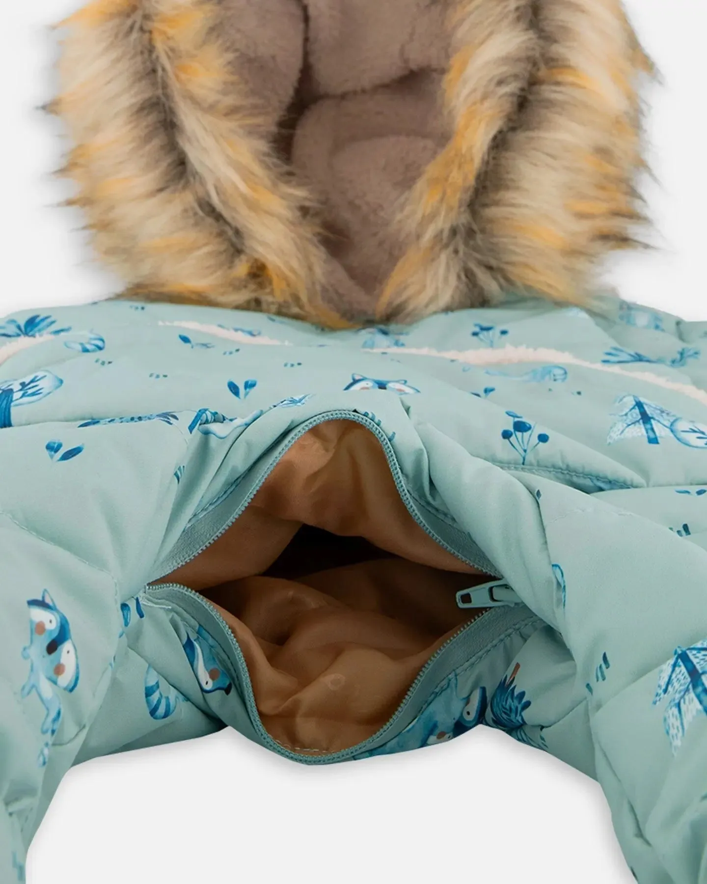 One Piece Baby Hooded Snowsuit Sage Printed Racoons Designed For Car Seat