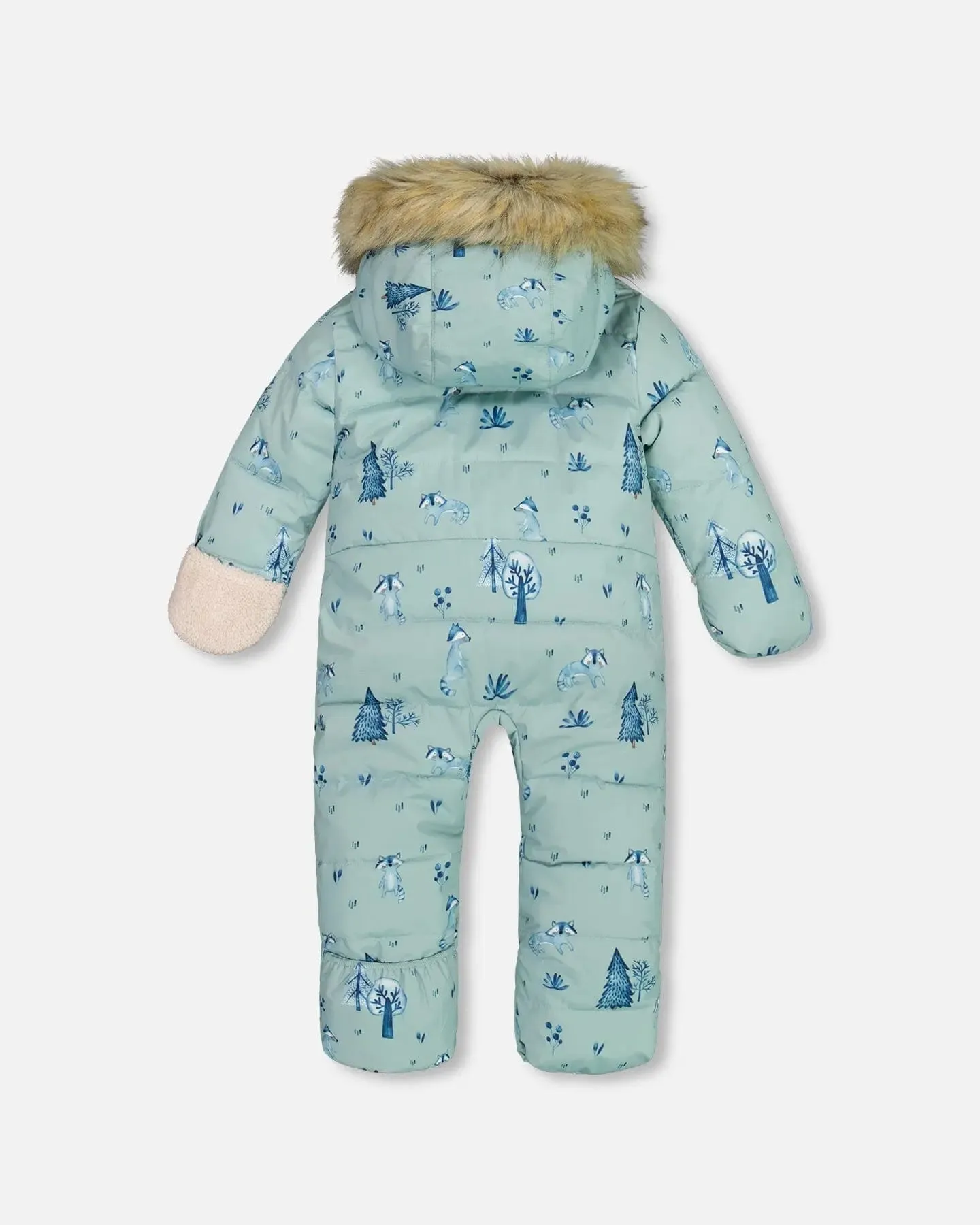 One Piece Baby Hooded Snowsuit Sage Printed Racoons Designed For Car Seat