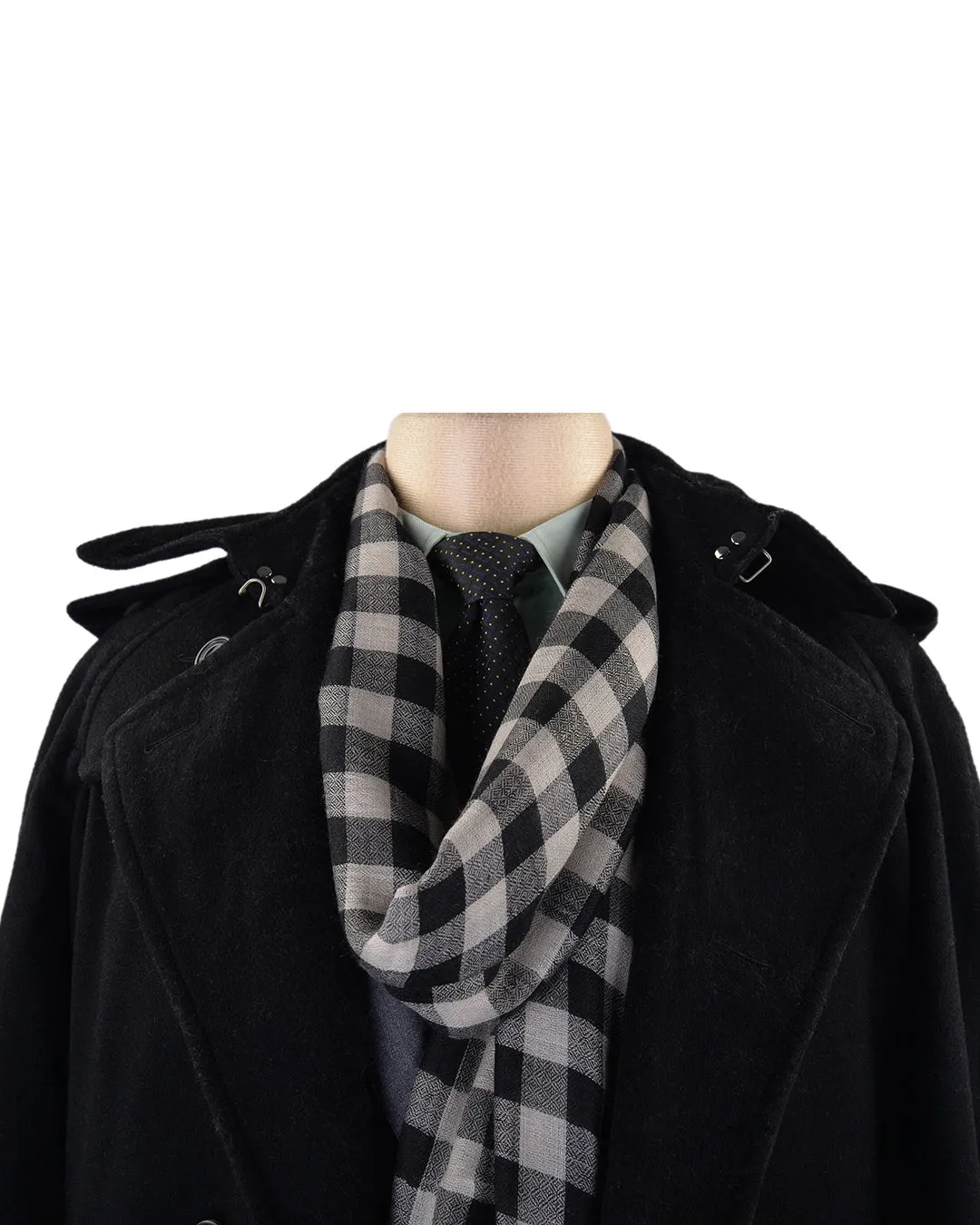 Pashmina Cashmere Wool Scarf Black Off-white Checks