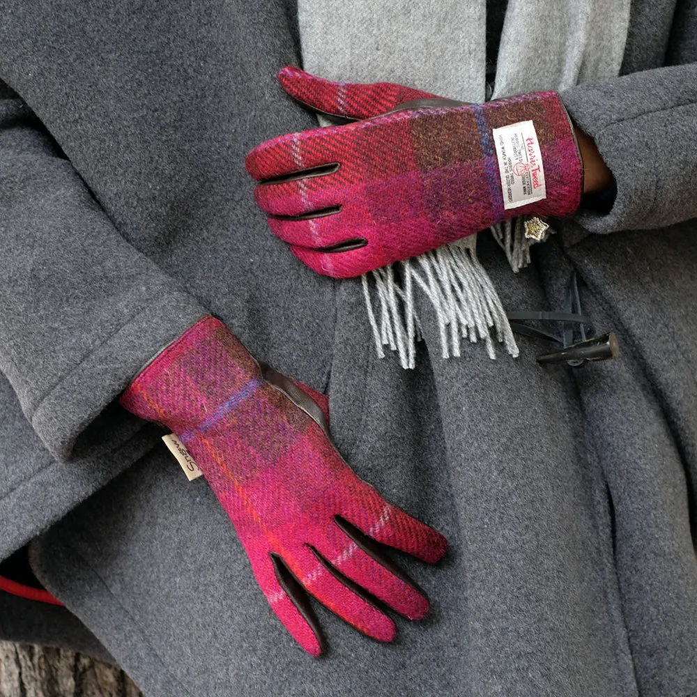 Pink Harris Tweed and Brown Leather Womens Gloves