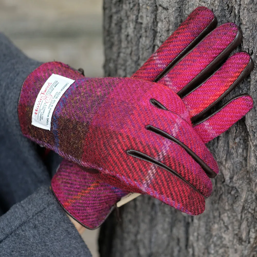 Pink Harris Tweed and Brown Leather Womens Gloves