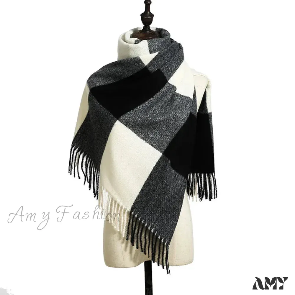 Plaid Hijab Korean Style Cashmere Winter Scarf - Black White Green Yellow