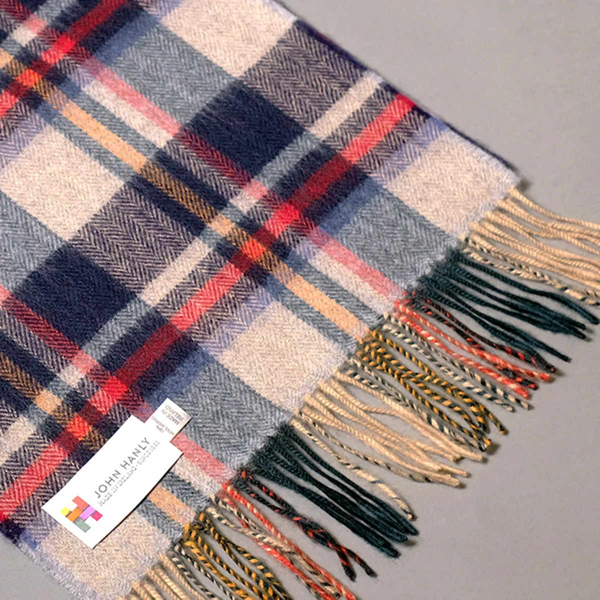 Pure merino wool scarf in beige navy and red check