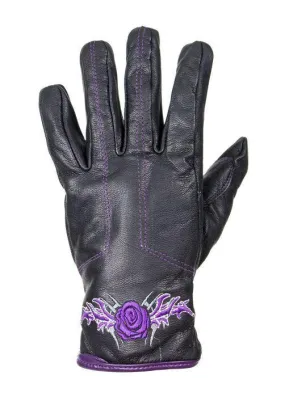 Purple-Rose Graphic Embroidered Naked Leather Gloves, GLZ106-EBL6-PURP-DL