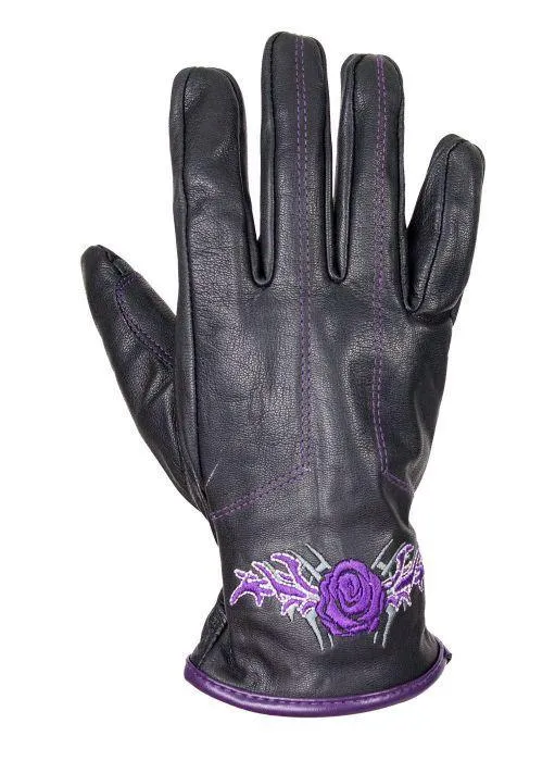 Purple-Rose Graphic Embroidered Naked Leather Gloves, GLZ106-EBL6-PURP-DL