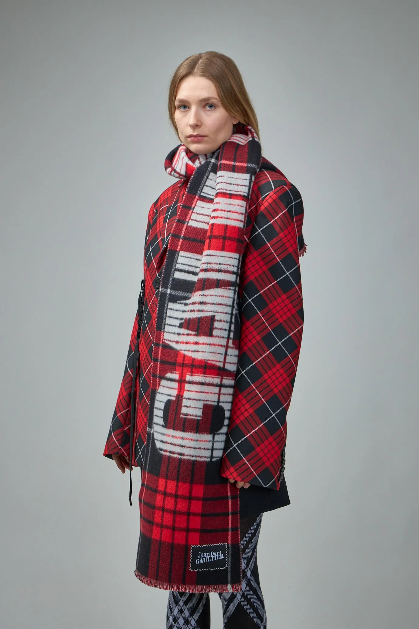 Tartan Wool Scarf with ''Gaultier '' Logo