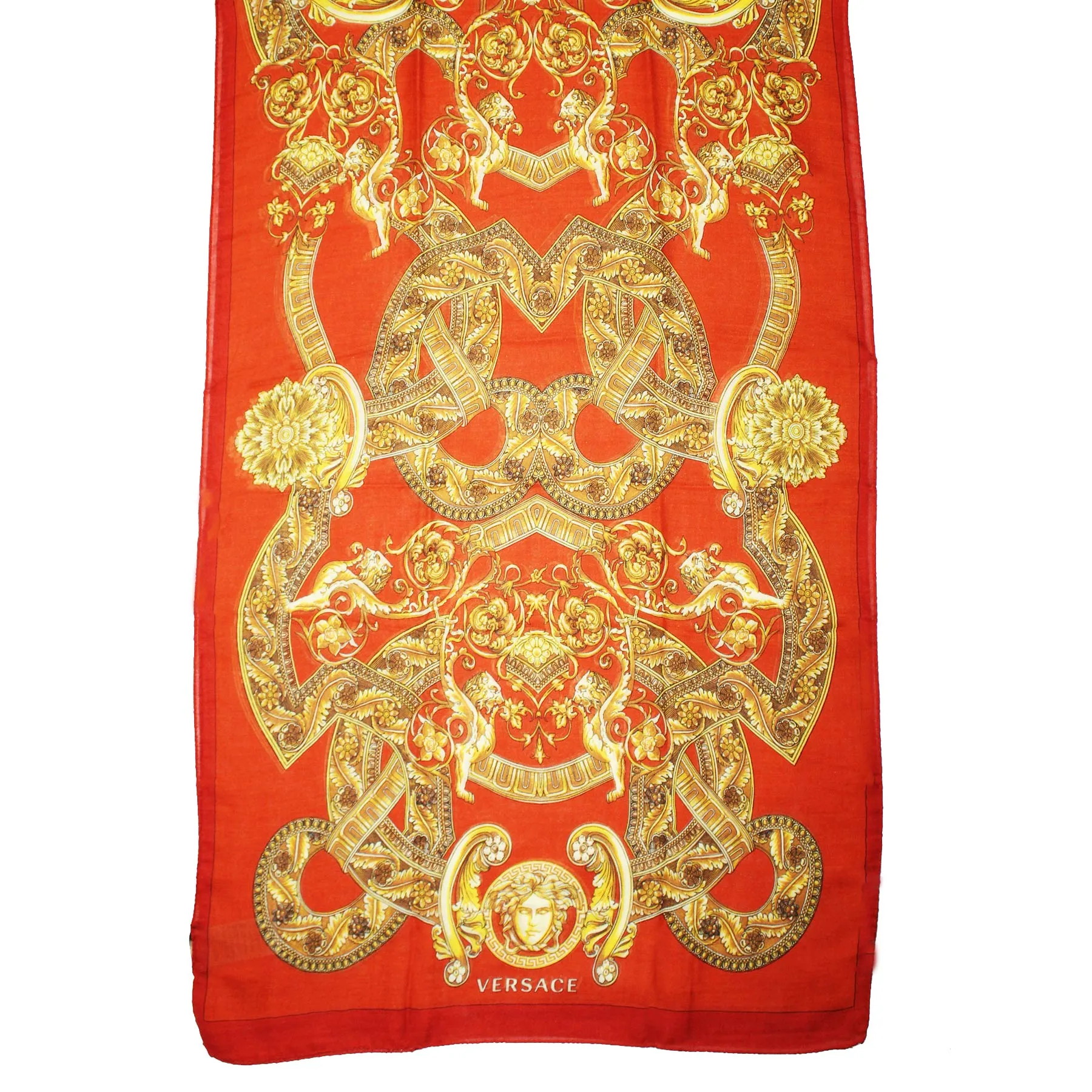 Versace Scarf Orange Gold Signature Baroque & Medusa  - Wool Silk Shawl FINAL SALE