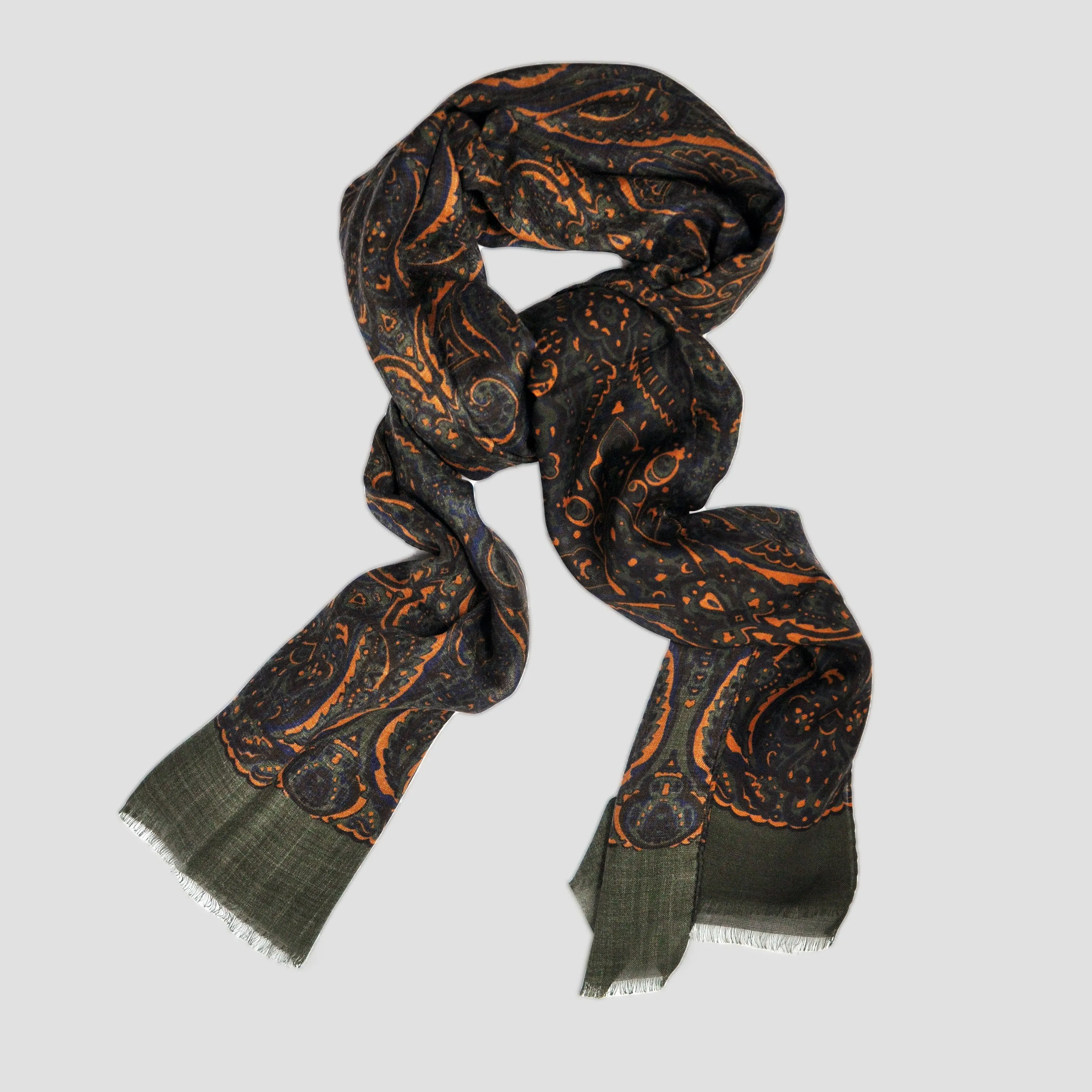 Wool Silk Paisley Scarf in Green, Ochre & Blue