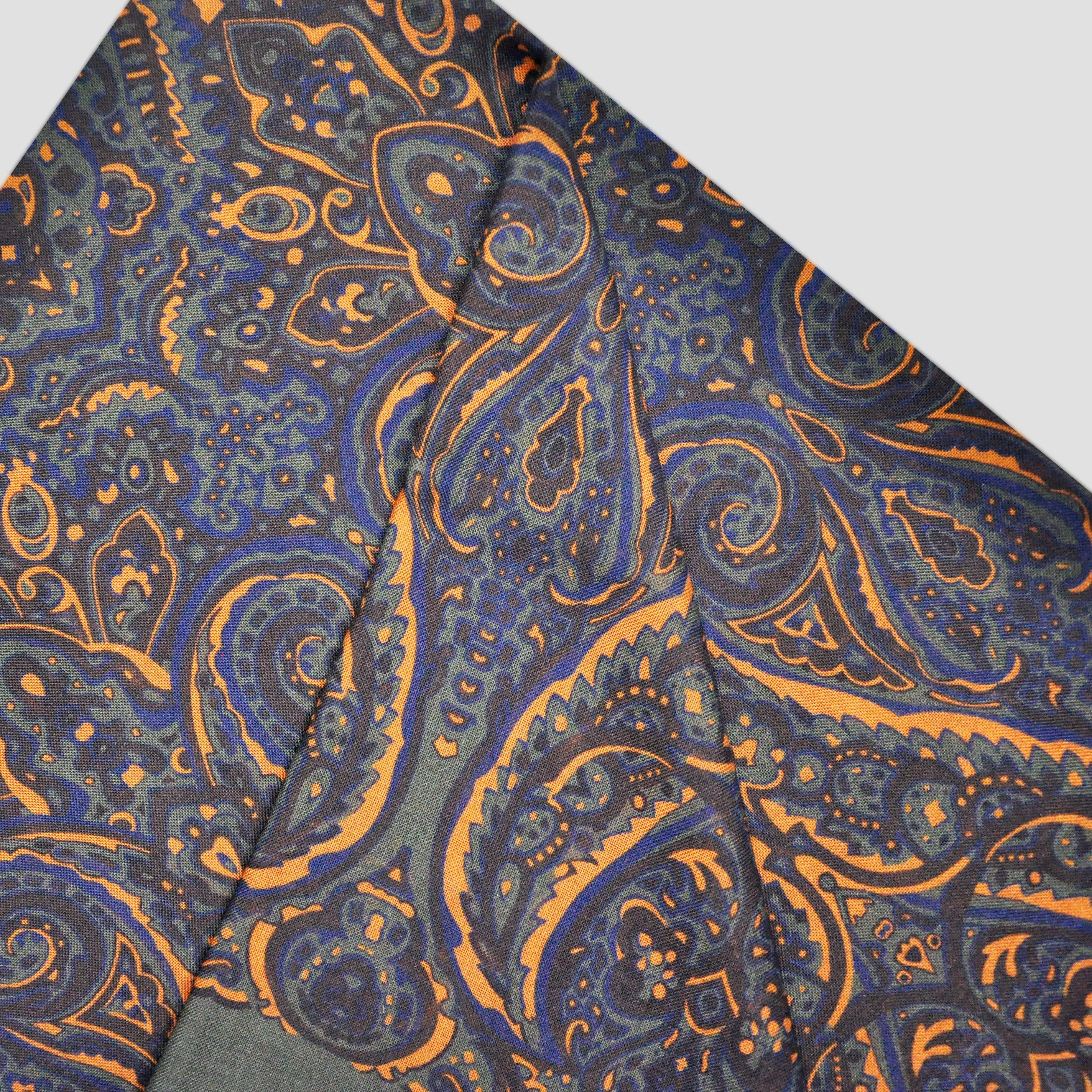 Wool Silk Paisley Scarf in Green, Ochre & Blue