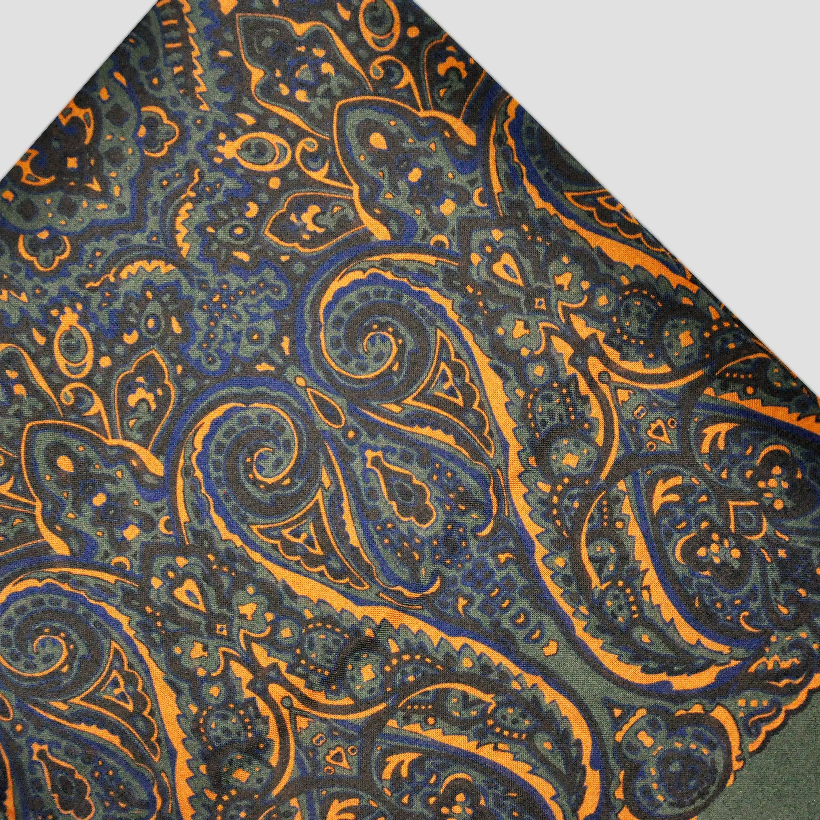 Wool Silk Paisley Scarf in Green, Ochre & Blue