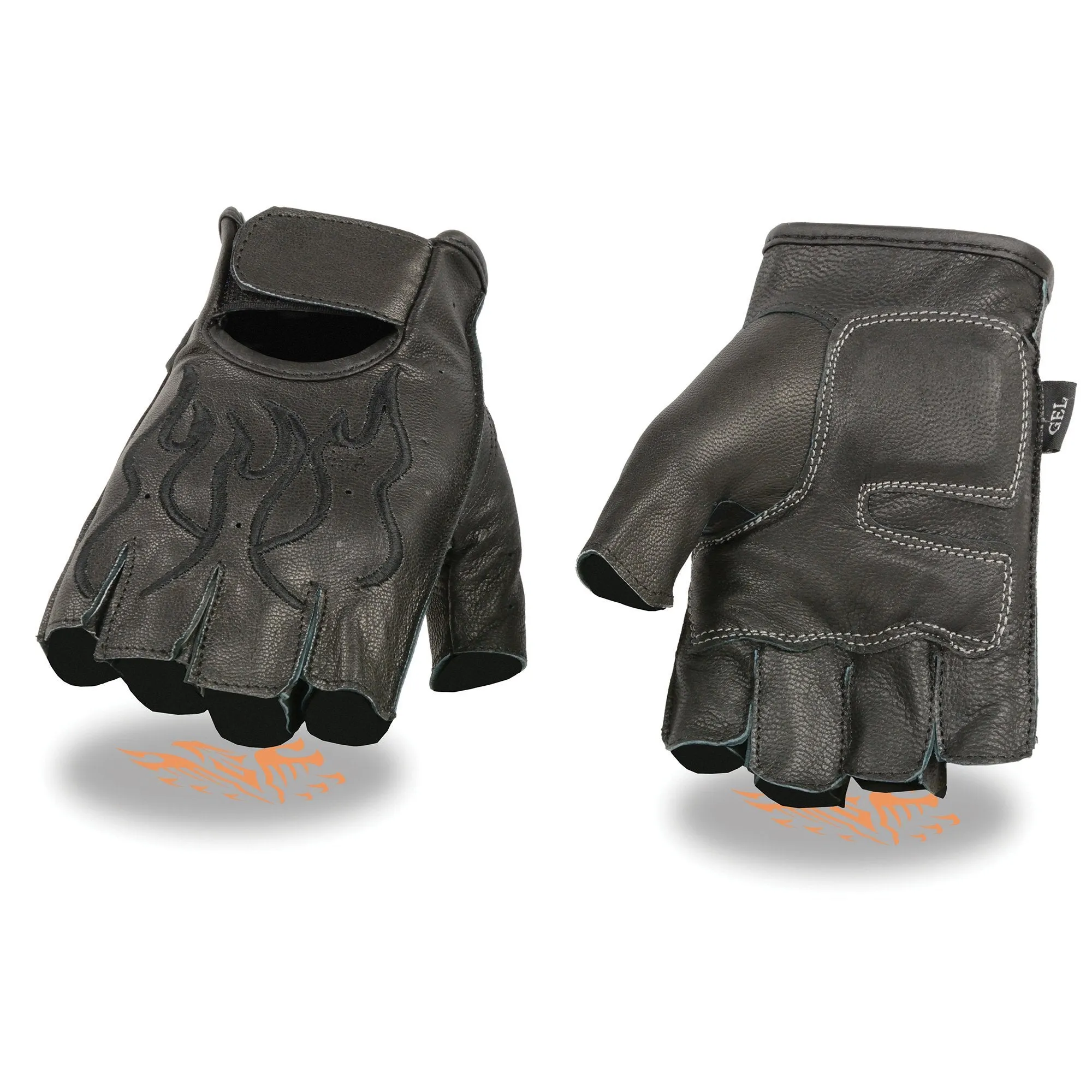 Xelement XG198 Men's Embroidered 'Flamed' Fingerless Black Motorcycle Leather Gloves